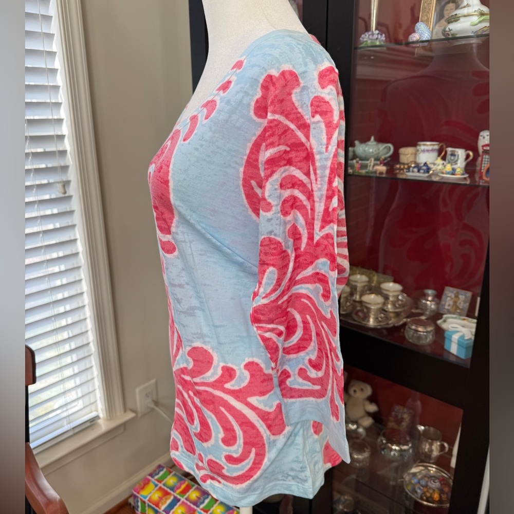 Before + Again pale blue & pink 3/4 sleeve scoop neck burnout shirt large - Picture 3 of 9